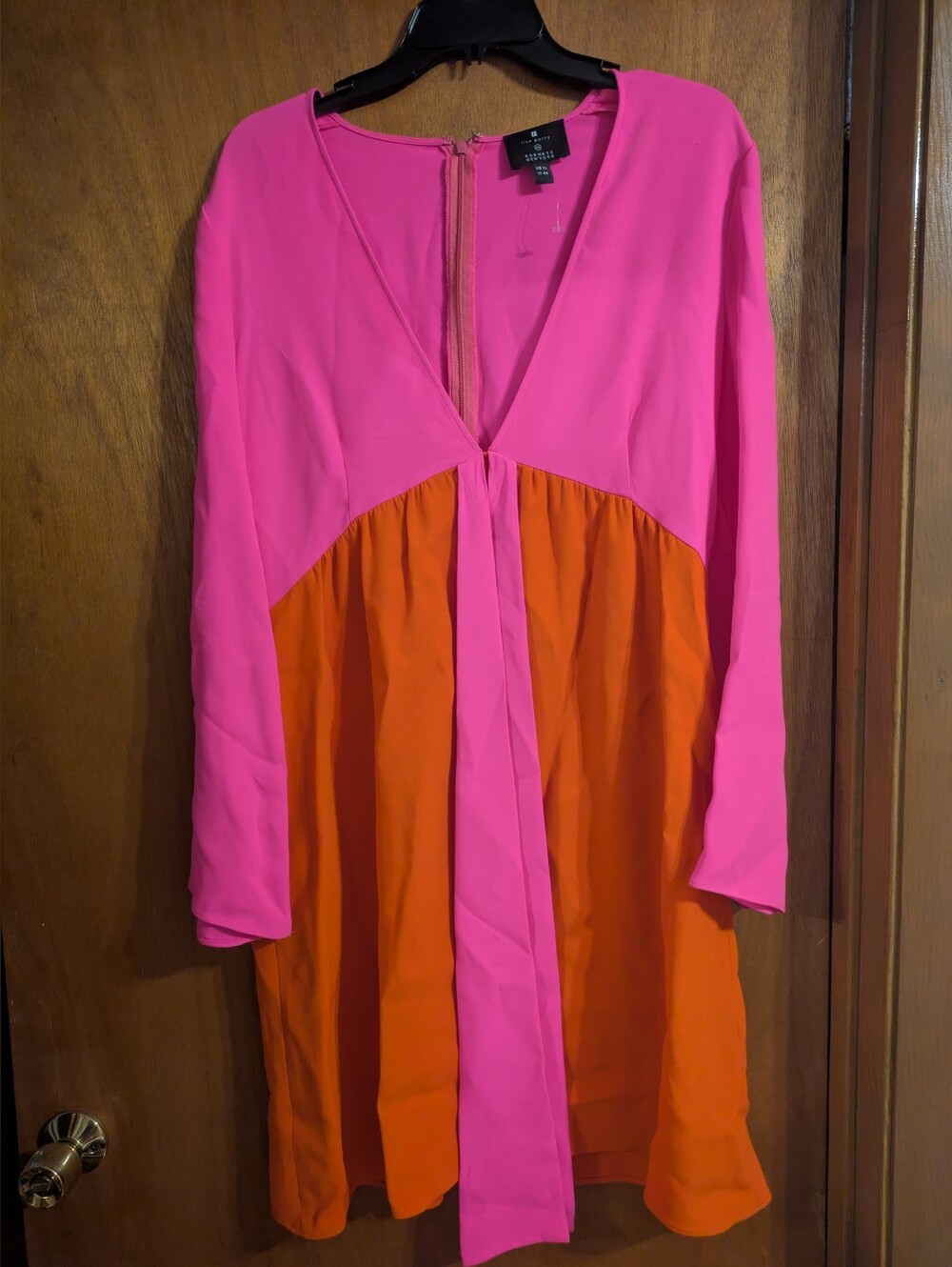 Lisa Perry Pink and Orange Colorblock V-Neck Long Sleeve Dress
